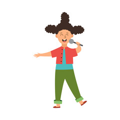Singing child girl character with microphone flat vector illustration isolated.