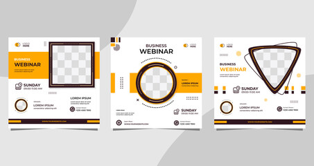 Set of social media post template for Business conference Webinar, Marketing Webinar, and other seminars. with White and Orange background