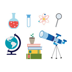 Study symbols and school items set of cartoon flat vector illustration isolated.