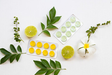 herbal cough sore throat pastille extract vegetable lemon for health care arrangement flat lay...