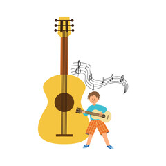 Child boy cartoon character playing guitar, flat vector illustration isolated.