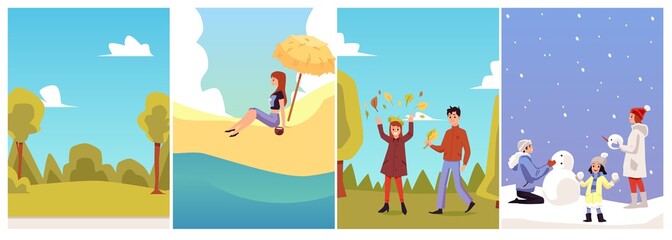 Four seasons landscapes cards set with people characters vector illustration.