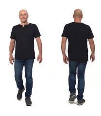same man walking on white, front and back view