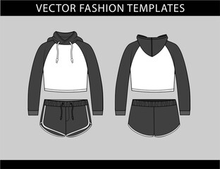hoodie and short pant fashion flat sketch template, sport wear outfit 