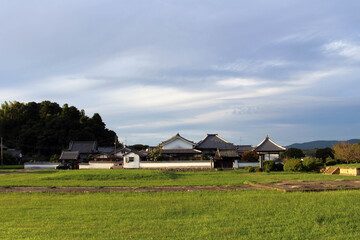 Fototapeta na wymiar Green field and traditional house in a village of Asuka