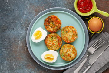 Vegetable cutlets in a plate on the table. Top view. Healthy diet