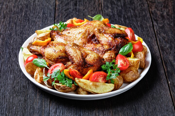 roast chicken served with vegetables on a platter