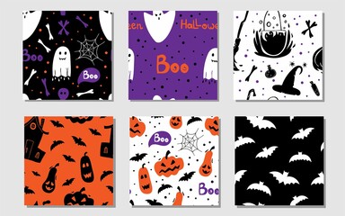 Halloween flat seamless pattern set. Horror holiday pumpkin and bat, boo text and spiderweb doodle cartoon creative design textile, wrapping, wallpaper vector texture on white background