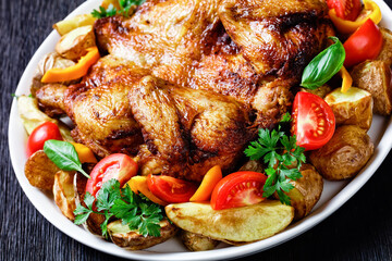 roast chicken served with vegetables on a platter
