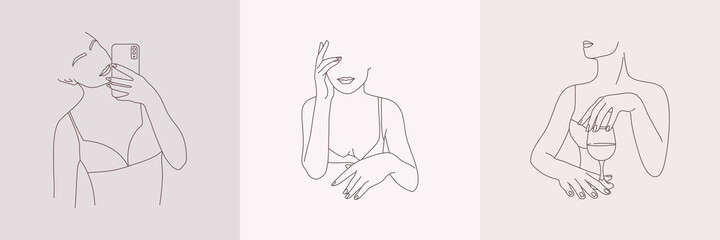 Set of Abstract female figure in underwear. Vector fashion illustration of the female body in a minimal linear style. Elegant art. For posters, tattoos, logos of underwear stores