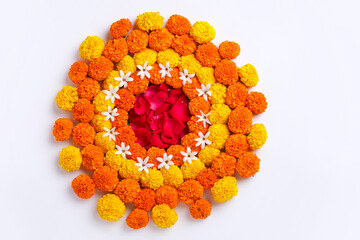 Marigold Flower rangoli Design for Diwali Festival , Indian Festival flower decoration