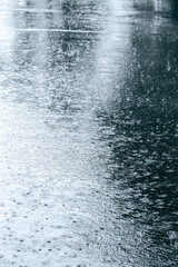 wet asphalt with raindrops in a puddle and reflections
