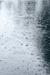 wet asphalt with raindrops in a puddle and some reflections