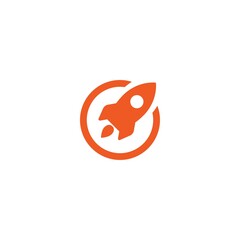 rocket ship with fire flying in the circle isolated on white. Flat line icon.