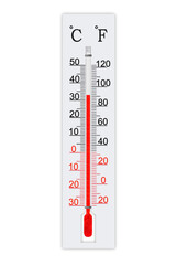 Meteorology thermometer isolated on white background. Ambient temperature plus 33 degrees celsius 