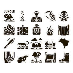 Jungle Tropical Forest Glyph Set Vector. Jungle Tree And Animal, Waterfall And Wood, Flower And Bush, Boot And Car Glyph Pictograms Black Illustrations