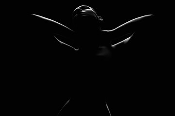 Fototapeta Nude Woman silhouette under light in the dark studio obraz