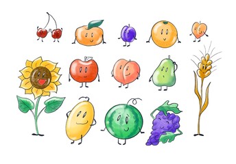 Digital illustration of cute cartoon fruit characters funny harvest sticker pack