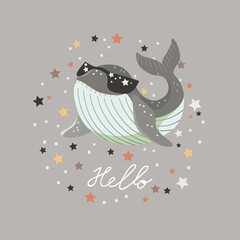 Hello, card with baby shark in sunglasses on gray background. Vector illustration.