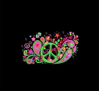 Funny colorful psychedelic print with hippie green peace symbol, flower-power, granatum, love, peace and joy word, butterfly and paisley on black background