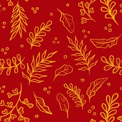 Seamless floral pattern on red with gold (yellow) plants, leaves and brunches. Abstract seasonal background. Christmas wallpaper, wrapping paper template