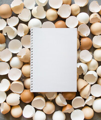 Raw eggs, eggshell. Cooking with fresh ingredients concept. eggshell on a concrete background with copy space on notebook
