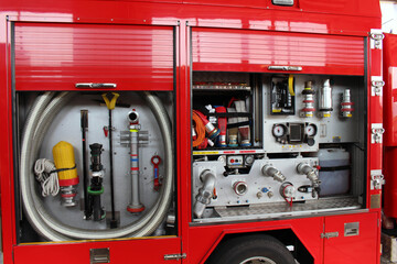 Equipments and tools of Japanese firefighter in firetruck