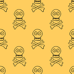 Seamless pattern with human skull and bones. Primitive cartoon style Doodle. Background and texture on theme of Halloween, danger, death, war, poison. For fabric, packaging, party, poster, banner