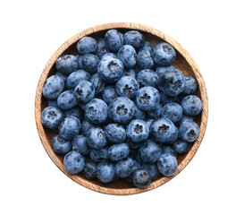 Tasty ripe blueberry in bowl on white background
