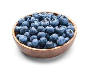 Tasty ripe blueberry in bowl on white background