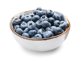 Tasty ripe blueberry in bowl on white background