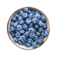 Tasty ripe blueberry in bowl on white background