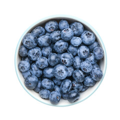 Tasty ripe blueberry in bowl on white background