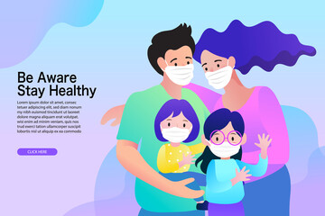Family health and protection concept. A loving family with children wearing masks to stay healthy. A vector banner for health insurance, public awareness campaigns, or medical care.