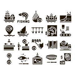 Fishing Industry Business Process Icons Set Vector. Fishing Industry Processing, Boat With Catch, Fish Drying And Froze, Factory Conveyor Glyph Pictograms Black Illustrations
