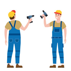 Construction worker with cordless screwdriver tool in workwear