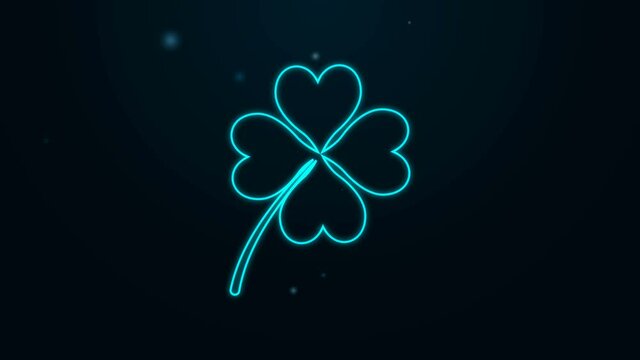 Glowing neon line Four leaf clover icon isolated on black background. Happy Saint Patrick day. 4K Video motion graphic animation.