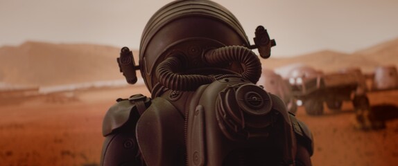 Back view of astronaut wearing space suit walking on a surface of a red planet. Martian base and...