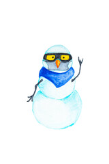 Hand drawn watercolor snowman with a protective face mask. New Year and Christmas 2021 concept