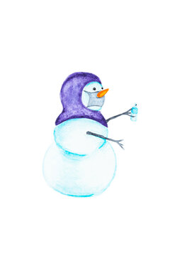 Hand drawn watercolor snowman with a protective face mask. New Year and Christmas 2021 concept