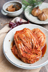 korean traditional food, kimchi and pickled garlic