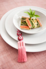 korean food, jeon and korean ornament, norigae