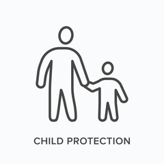 Parent with child flat line icon. Vector outline illustration of father and kid holding hands, family bonding. Children protection thin linear pictogram