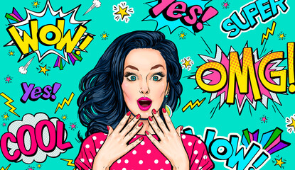 Surprised  woman on Pop art  background . Advertising poster or party invitation with sexy club girl with open mouth in comic style. Presenting your product. Expressive facial expressions - 378703375