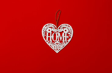 plywood topper, white heart on a red background, top view, inscription Home, horizontal	