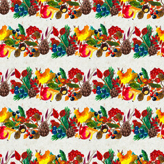 Autumn watercolor hand drawn seamless pattern with leaves mushrooms and pine cones