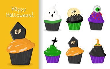A set of funny muffins for Halloween. Halloween treat clipart on white background isolated.