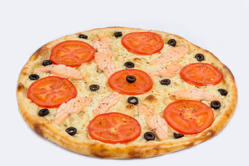 Pizza with tomatoes, olives, fish on a white background