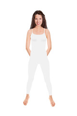 Fototapeta na wymiar Full length portrait of an attractive cheerful woman wearing a one piece bodysuit, studio photo isolated in front of white background