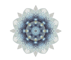 Abstract fractal circular patterned gray-blue flower on a white background. Mandala. Kaleidoscope
